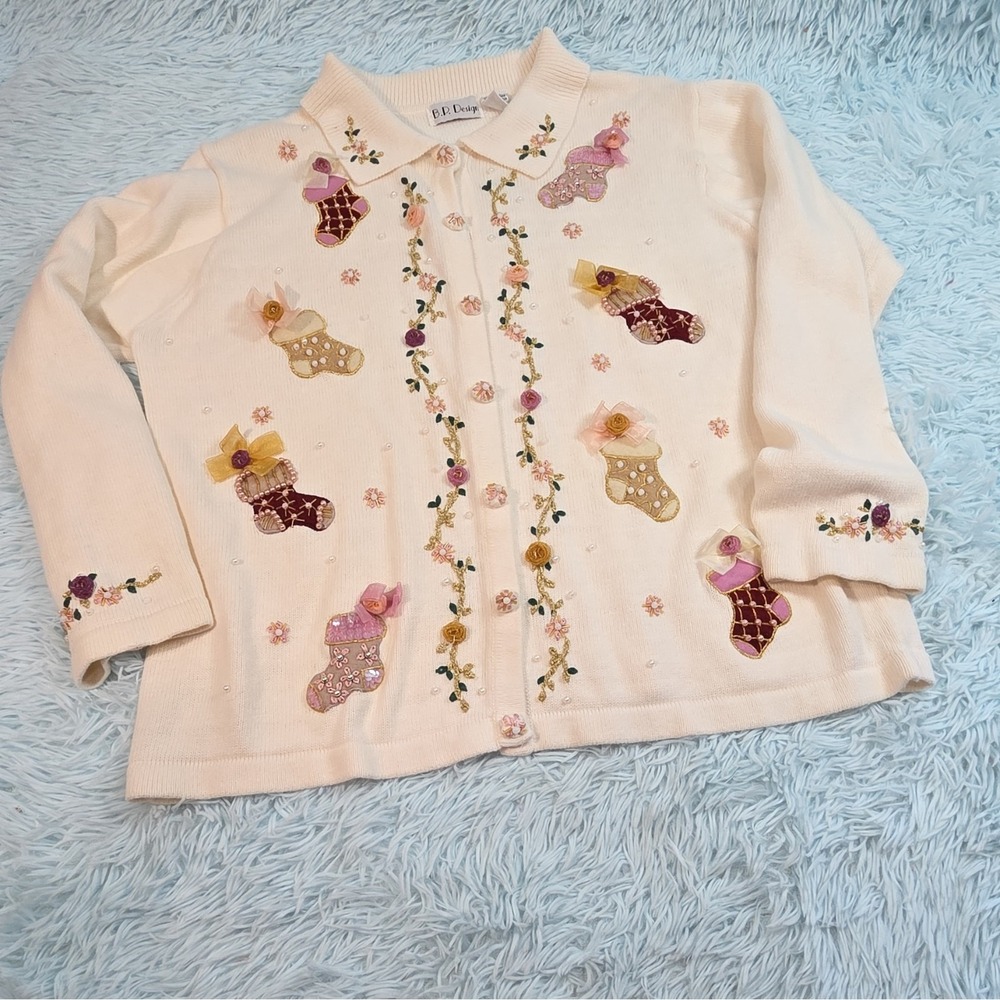 B.P. Design Ivory Knit Christmas Stocking Embroidered Beaded Cardigan XL